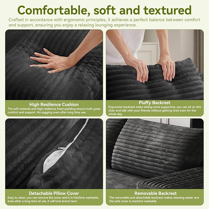 63 Boneless CouchNo Assembly RequiredLoveseat Velvet Couch Soft and Comfortable for Living Rooms Bedroom and Dormitories (Black 1)
