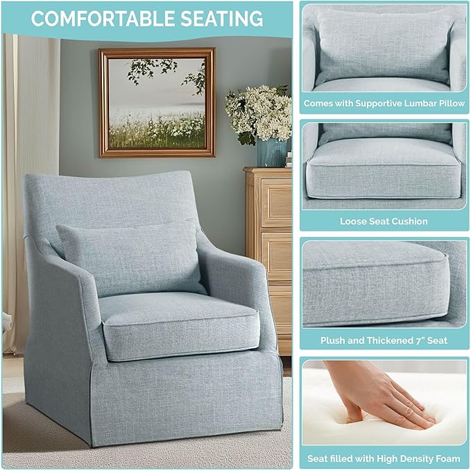 Martha Stewart London Swivel Chair - Solid Wood &amp Plywood Skirted Metal Base Accent Armchair Lumbar Pillow -Modern Classic Family Room Sofa Furniture Bedroom Lounge 28X31.5X35.25 Light Blue