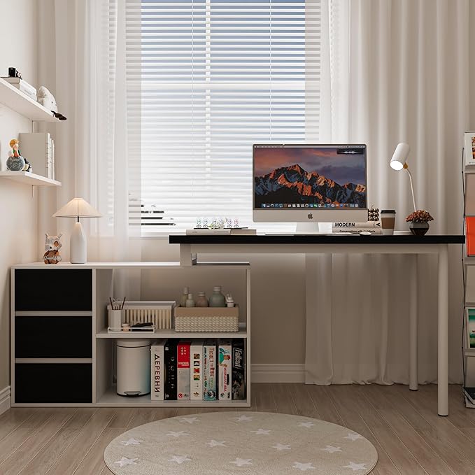 L Shaped Computer Desk 47 Inch Home Office Desk with File Drawers &amp Storage Shelves Small Corner Computer Desk for Small Space (White+Black)