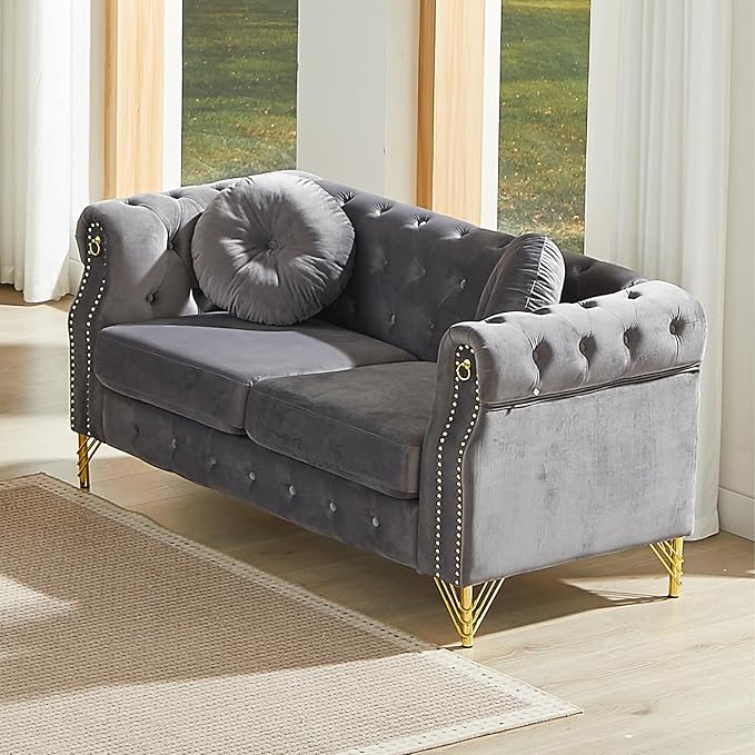 Antetek 60.5-inch Loveseat Chesterfield Sofa Mid Century Modern Sofa Couch with Button Tufting &amp Rolled Arms Comfy Upholstered Velvet Deep Seat Couch for Living Room Office Grey