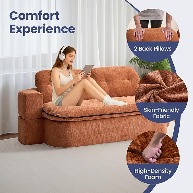 78.74 Convertible Sofa Bed Folding Loveseat Sleeper Sofa 2 in 1 Chenille Floor Couch Bed Foam Compressed Sofa with Pillows &amp Blanket for Living Room Apartment Studio Office (Brown)