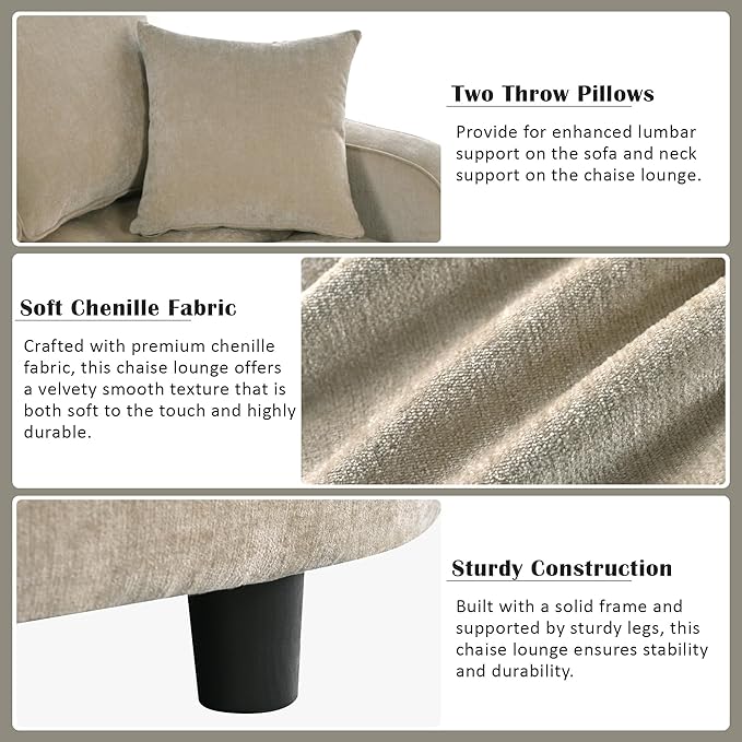 55 Oversized Chaise Lounge Chair Comfy Chenille Chaise Sofa Recliner Bed Upholstered Sleeper Couch Bed with Armrests and Detachable Pillows for Living Room Movie Room Bedroom (Champagne)