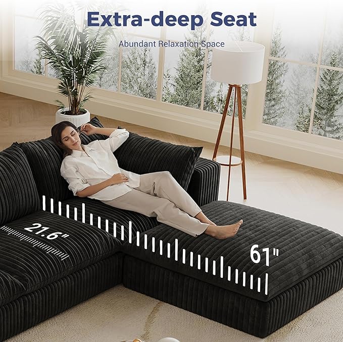 157.6 Oversized L Shaped Modular Boneless Sofa with Ottoman Cloud Sectional Couches for Living Room Deep Seat Corduroy Upholstered Couch Furniture Set No Assembly Required (4 Seater+1 Ottoman)