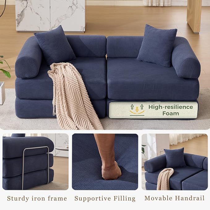 73 Convertible Modular Folding Sofa Bed 5-in-1 DIY Combination Fold Out Sleeper Sofa Bed Loveseat sleeper Couch with Removable Armrests Corduroy Floor Couch Small couches for small spaces Blue
