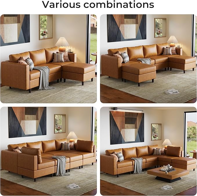 ABCASA 118.5 Faux Leather Modular Sectional Sofa 6 Seater U Shaped Couch with Movable Ottoman and Storage Seat with Reversible Chaise Deep Seat for Living Room Brown