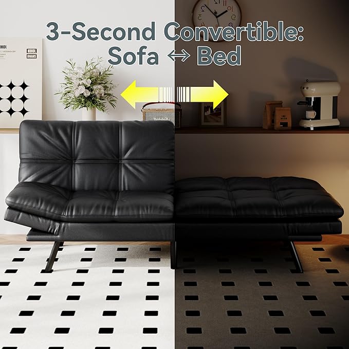 Futon Sofa Bed Convertible Couch Black Faux Leather Sofa Bed with Memory Foam Adjustable Backrest &amp Armrests Multifunctional Small Loveseat Sleeper Sofa for Living Room Apartment Office