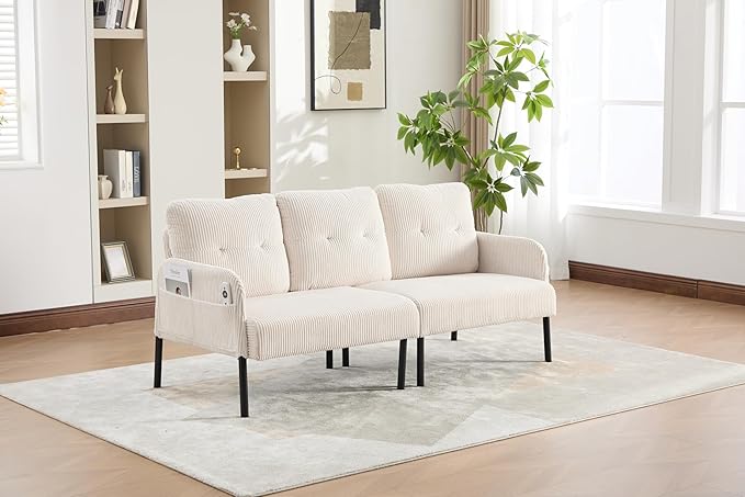 KEIKI 67 Corduroy Loveseat Sofa with Double Side Pockets &amp High Resilience Cushion Modern Style Upholstery Oversized 2-Seater Couch with Metal Legs Easy Assembly for Living Room Beige