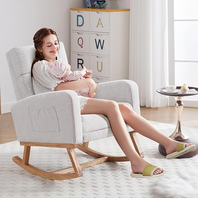 Rocking Chair Nursery with Foot Rest Nursing Rocking Chairs for Mom Breastfeeding Rocker Glider Chair with High Backrest for Living Room Bedroom Light Grey