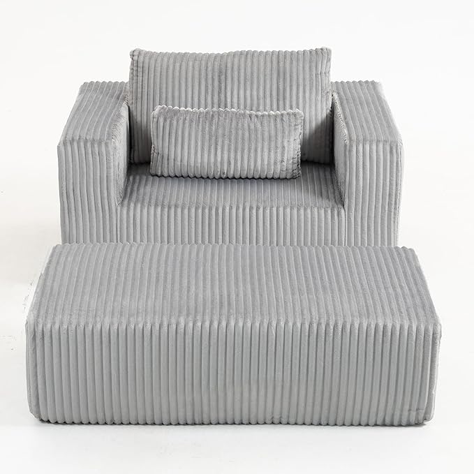 KEIKI Chaise Lounge Chair Indoor with Ottoman 62.6 D Oversized Sleeper Chair Corduroy Upholstered Comfy Sofa for Bedroom Living Room Office Grey