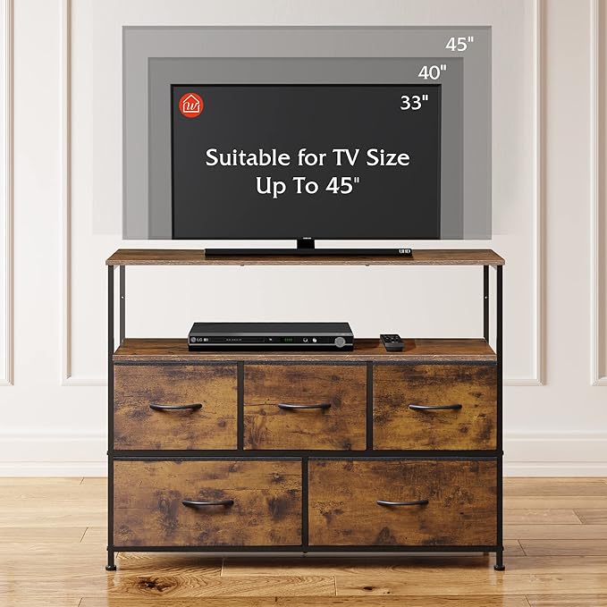 WLIVE Dresser for Bedroom with 5 DrawersFabric Dresser TV Stand with Charging Station Chest of Drawer with Open Shelves for 45 inch TVfor Living RoomEntryway Charcoal Black Wood Grain Print