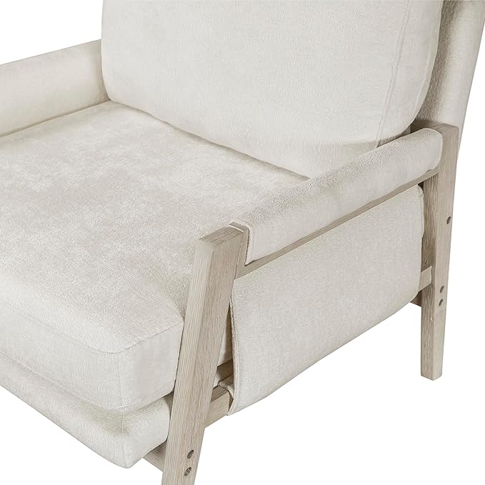 Lexicon Living Room Accent Chair with Wire-Brushed Light Brownish-Gray Wood Frame Chenille Upholstered Arm Chair with Wrapped Arm Rest Thick Seat Cushion Cream