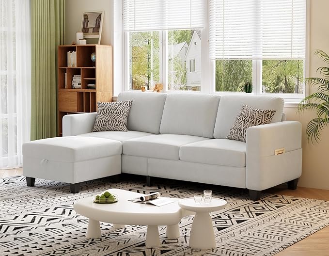 Sectional Sofas Couches for Living Room 3 Seater L Shaped Couch with Storage Ottoman 78 Modern Velvet Fabric Cream White Sofa for Apartment Studio Office Small Space