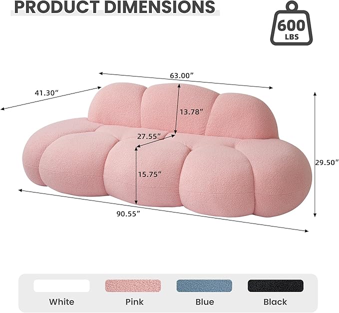 90 Curved Pink Boucle Couch Comfy Cloud Shaped Boneless Couches for Living Room Modern Deep Seat Loveseat Lazy Floor Sofa for Bedroom Apartment Small Space (No Assembly)
