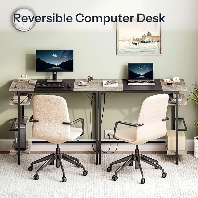 HOOBRO Computer Desk Home Office Desk with Power Outlet Writing Desk with 2 Shelves Modern Small Desk for Home Office Study Easy to Assemble Charcoal Gray and Black BG43UDN01