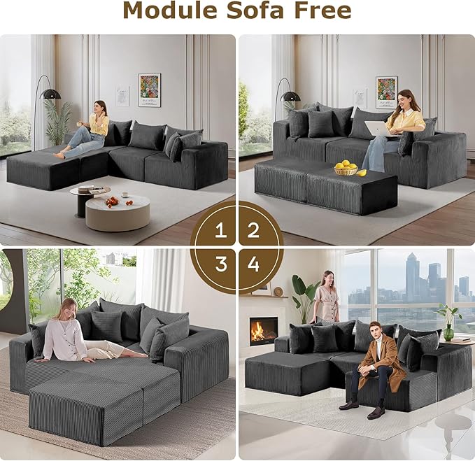 104 Cloud Couch Sectional U Shaped Boneless Couches for Living Room Corduroy Modern Modular Sectional Sofa No Assembly Required (Grey U-Shaped)