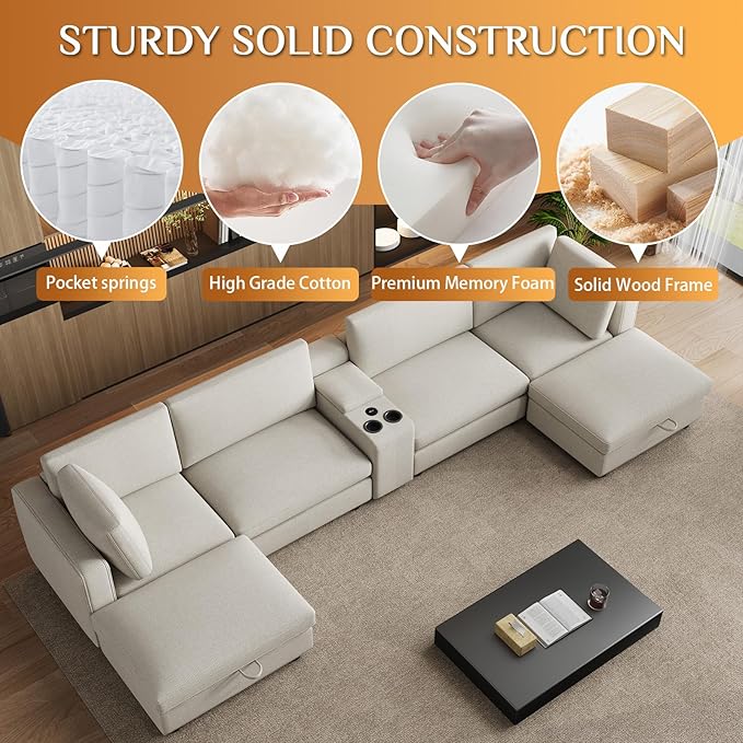 OUYESSIR 163U Shaped Cloud Couch SectionalsLarge Comfy Beige White Sectional Couches for Living RoomOversized Fluffy Modular SectionalChenille Big 6 Seat Sofa Set USB Port Central Console Ottoman