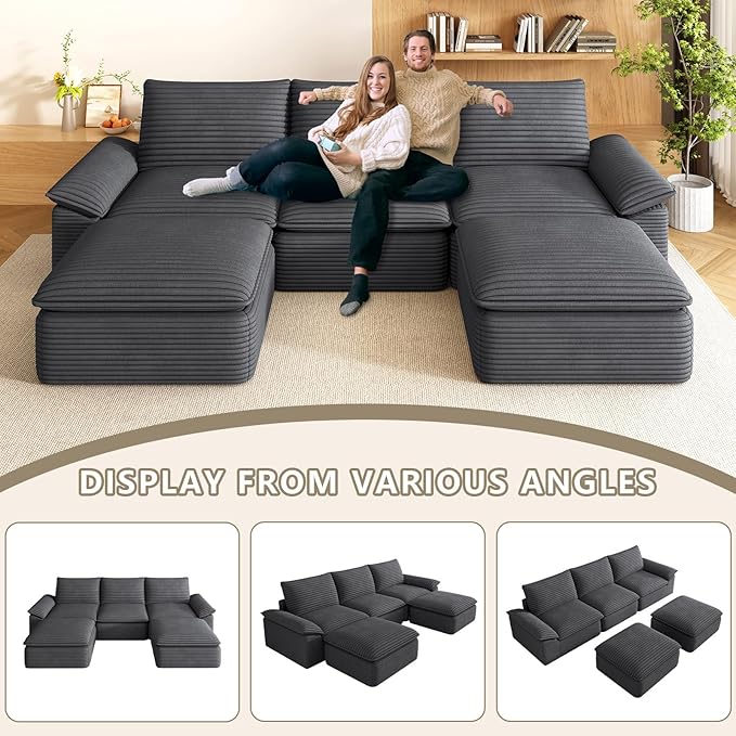 111 Cloud Sectional Couch with U-Shaped Chaise Corduroy Sectional Sofa with Ottoman Boneless Couch with Deep Seat in a Box for Living Room No Assembly Required (Dark Grey)