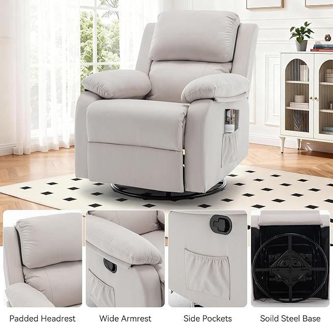 Recliner Chair 360 Swivel Rocker Chair for Adults Small Rocking Recliner for Small Spaces Upholstered Fabric Glider Recliner Nursery (Swivel Rocker Recliner Off White)