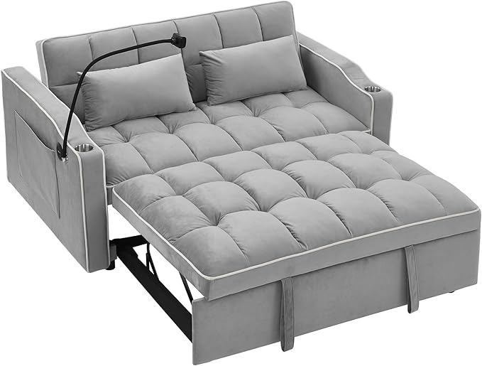 LUMISOL 55.5 Convertible Sleeper Sofa with Pull Out Bed 3-in-1 Loveseat Sofa with USB Ports 2 Cup Holders &amp Storage Pockets Velvet Sleeper Sofa Bed with Adjustable Backrest Grey