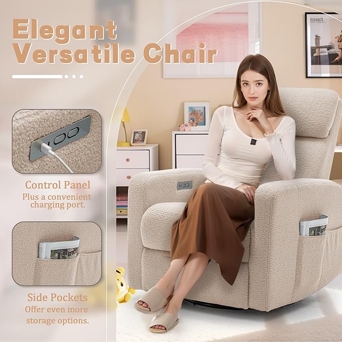 Power Swivel Recliner Chairs for Adults Electric Glider Rocking Chair Nursery Glider Recliner Nursery Chair with Classified Side Pocket Nursery Rocking Chairs with USB and Type-C Ports