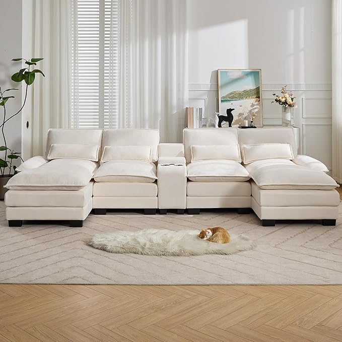 125'' U Shaped Cloud Modular Sectional Sofa with Chaise Lounges Chenille Upholstered Comfy Couch with Storage Console USB Charging Ports &amp Cup Holders Small Deep Seat Sofa for Living Room Beig
