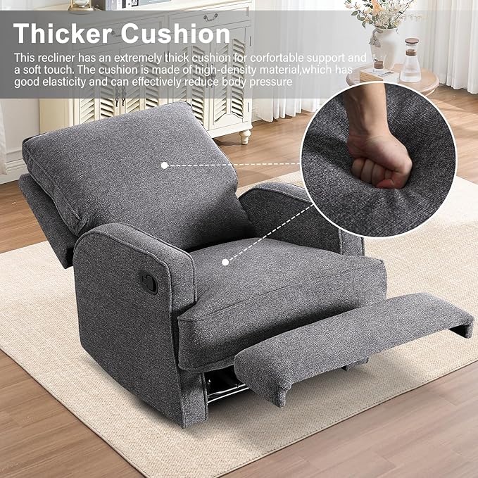 INZOY Manual Recliner with Thicker Backrest Soft Fabric Recliner Chair with Overstuffed Cushion Heavy Duty Reclining Sofa for Living Room Bedroom Apartment Grey