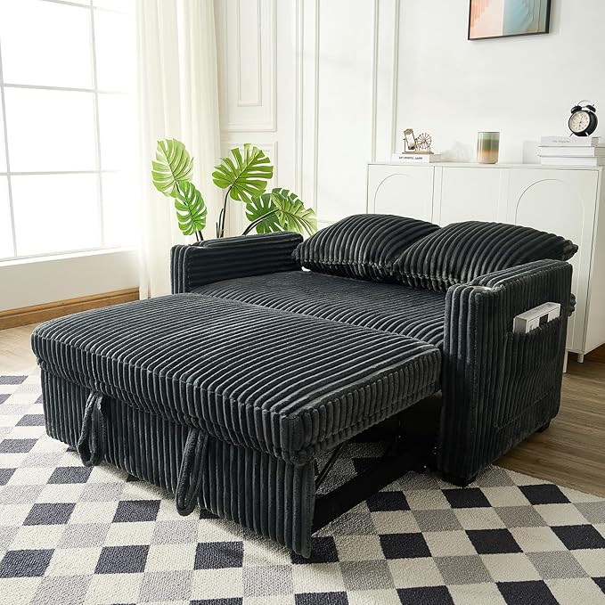 Antetek Pull Out Sofa Bed Futon Convertible Modern Corduroy Loveseat Chaise Lounge Sofa Couch with USB Charging Ports &amp Cup Holders for Guest Room Living Room Bedroom Adjustable Backrest Grey