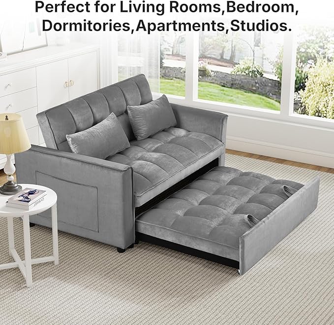 Rovibek 3 in 1 Sleeper Sofa Bed 53'' Pull Out Couch Convertible Futon Loveseat with Adjustable Backrest Velvet Sleeper Chaise Lounge Futon for Apartment Office Small Space Dark Grey
