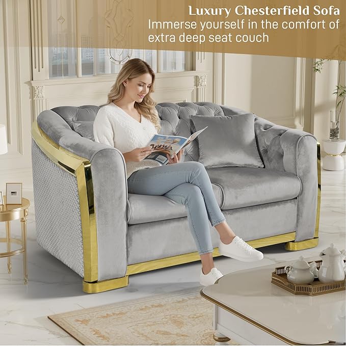 Luxury Velvet Chesterfield Sofa for Living Room 62.2 Comfy Mid Century Modern Victorian Curved Loveseat Couch Deep Seat Couches Tufted Sofas with Gold Legs for Apartment Grey