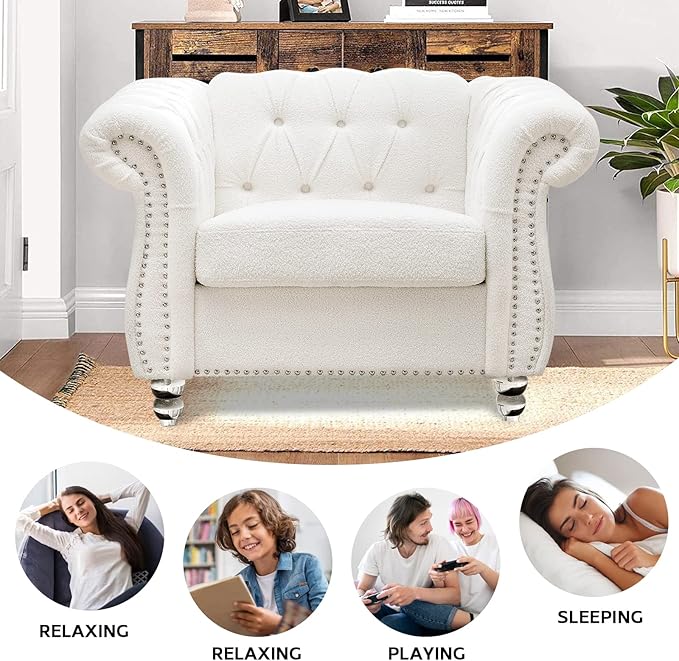 White Chesterfield Chair Sherpa Accent Chair Chesterfield Upholstered Club Wingback Chair Button Tufted Sofa for Living Room Bedroom Office