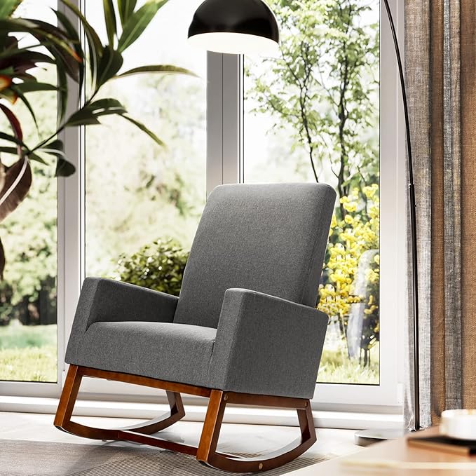 Giantex Upholstered Rocking Chair Modern Fabric Armchair w/Wood Base Side Pocket Linen Padded Seat High Back Accent Glider Rocker Chair Mid-Century Leisure Chair for Nursery Living Room (Gray)