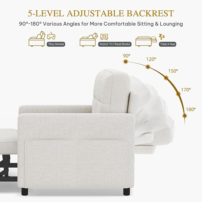 DWVO 55 Convertible Sofa Bed 3-in-1 Sleeper Sofa with Pull-Out Bed Linen Futon Couch with Adjustable Backrest and Side Pocket Modern Loveseat for Living Room Apartment Light Beige