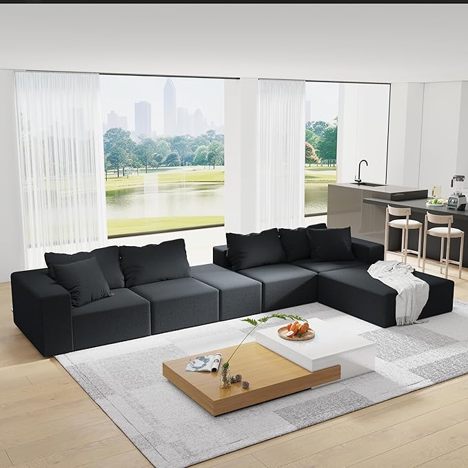 KEIKI Sectional Sofa Couch Set Modular 132 L Shaped Couch Set with 6 Pillows Free Combination Upholstered Sofa Couch for Living Room Bedroom Black