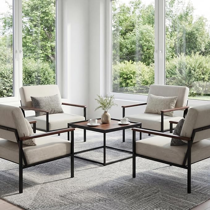 Mid Century Modern Accent Chair Set of 2 Wide Oversized Guest Reception Armchair Linen Fabric Upholstered Comfy Leisure Chair with Black Meta Frame Lounger Chair for Living Room Beige