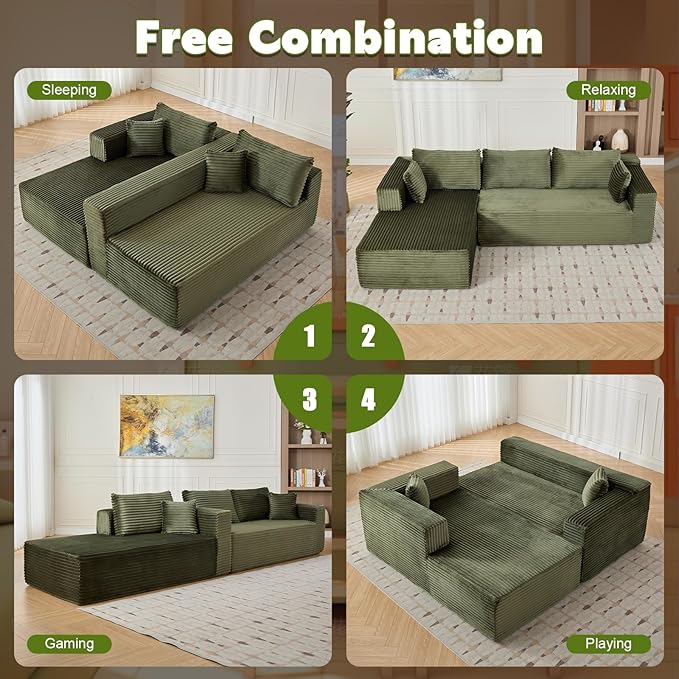 110” Cloud Sectional Couch with ChaiseOversized Modular Sofa with Deep Seat and Boneless DesignVacuum Compression Packed Corduroy Couch for Living Room BedroomNo Assembly RequiredGreen