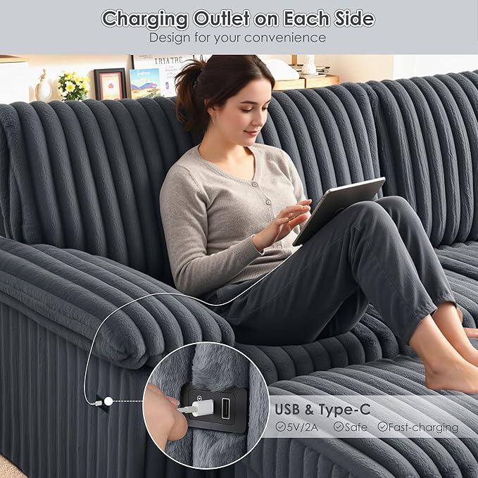 HIFIT 92 Sectional Loveseat Sofa Modern Cloud Couch L Shaped Modular Sectional Sofa with Deep Seat Storage Ottoman USB Port Corduroy Home Sofas Living Room Set Love Seat for Bedroom Office Grey