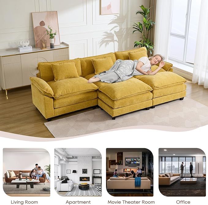 IPKIG 117 Sectional Sofa Cloud Couch Modern Chenille U-Shaped Couch Comfy Upholstered 3-Seat Sofa with 2 Ottoman 3 Lumbar Pillow Deep Seat Modular Sofa for Living Room Apartment Studio Yellow |