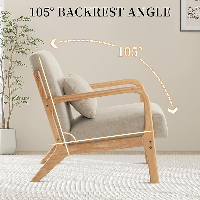 Accent Chair with Pillow Upholstered Mid Century Chair Living Room Chair with Solid Wood Frame Comfy Reading Chair with Thick Cushion Armchair for Small Space Bedroom Balcony Grey 1PC
