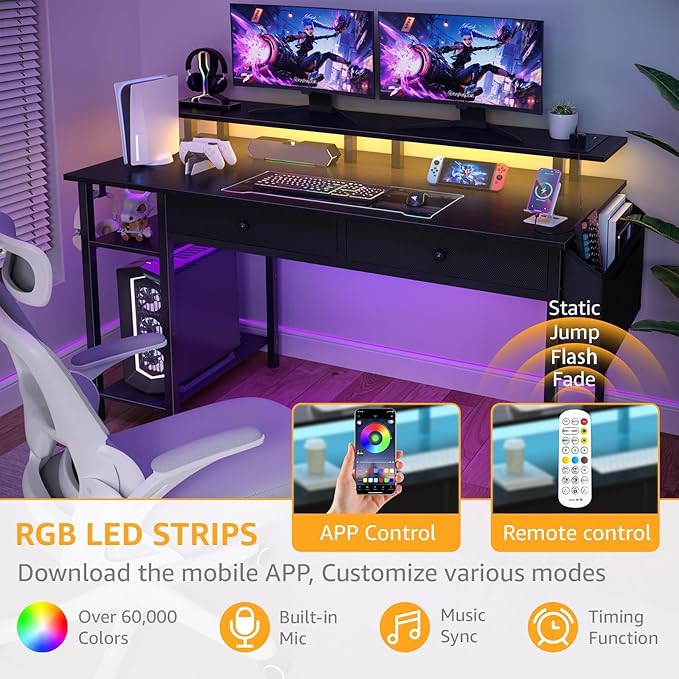 DLisiting Black Gaming Desk with Shelves and Drawers - 39 Inch Small Gaming Desk with Storage Shelves for Boys Teens Bedroom Black Computer Desks with Drawers Monitor Stand Power Outlet