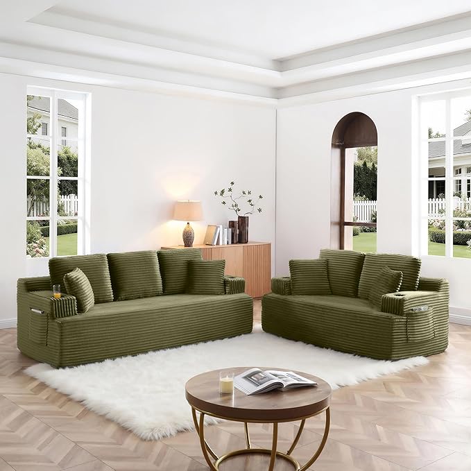 Eafurn Floor Loveseat Boneless Sofa Couch in a Box with Cup Holder and Side Pockets 3 Seater Comfy Corduroy Upholstered Foam Couch with Deep Seating for Living RoomNo Assembly | Breathable material