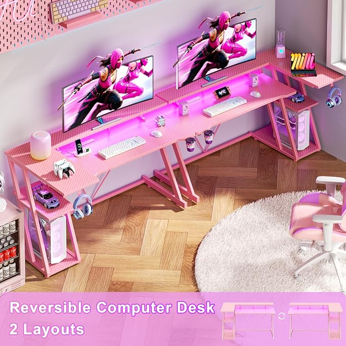 55 Inch Pink Gaming Desk with Power Outlet &amp LED Lights Corner Computer Desk with 3 Tiers Storage Shelves L Shaped Gaming Desk with Monitor Stand for Bedroom