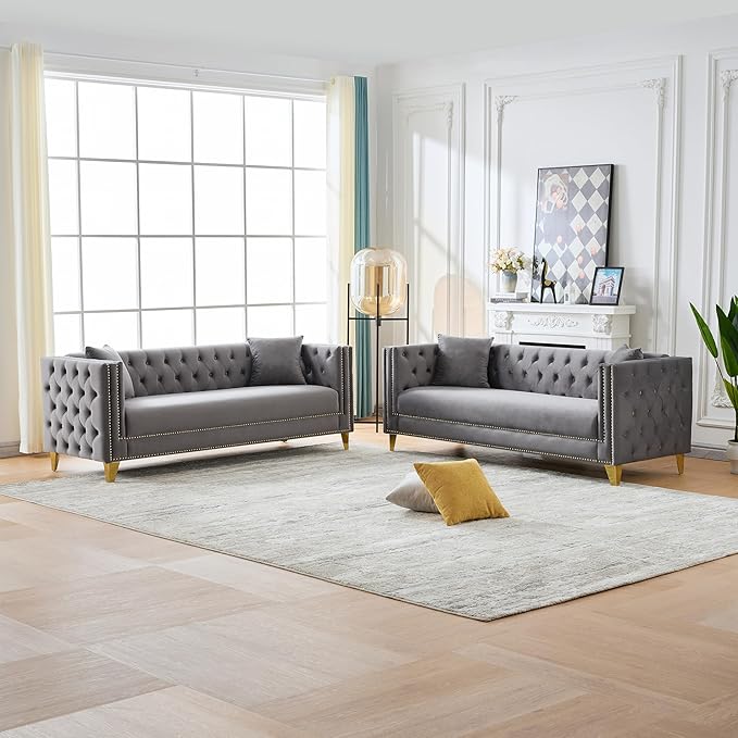 2 Piece Chesterfield Sofa Comfy Velvet Button Tufted Mid Century Modern Couch Set White Cloud Futon Loveseat Gold Legs &amp Nailhead Deep Seat Sofas for Living Room Office (Grey 3 Seater Set of 2