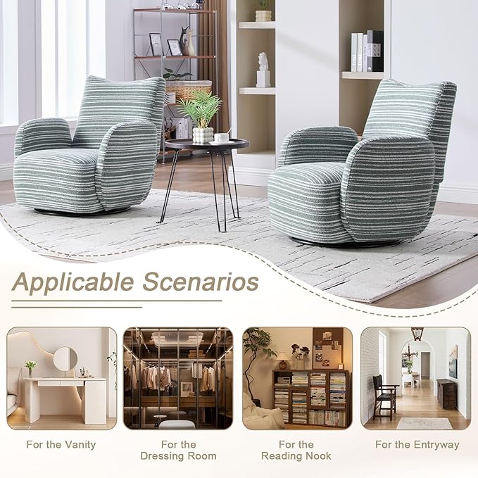 360° Swivel Accent Chair with Armrest Modern Striped Upholstered Lounge Chair Stable Round Base &amp Sturdy Metal Frame Armchair for Bedroom Living Room Office &amp Vanity (Mint Green)