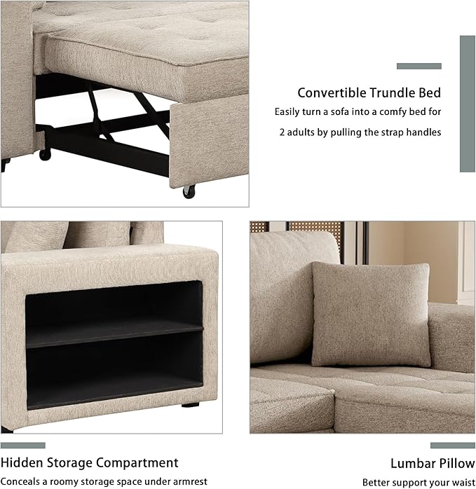 Ball &amp Cast 104 L-Shape Sectional Sofa with Storage Chaise and 2 StoolsPull-Out Bed3-Seat Chenille Reversible Couch w/Storage Armrestfor Living RoomApartmentCream