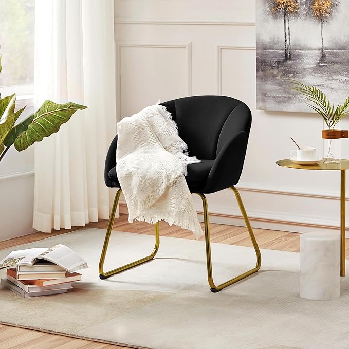 Yaheetech Modern Velvet Armchair Flower Shaped Makeup Chair Vanity Chair with Golden Metal Legs for Living Room/Makeup Room/Bedroom/Home Office/Kitchen Black