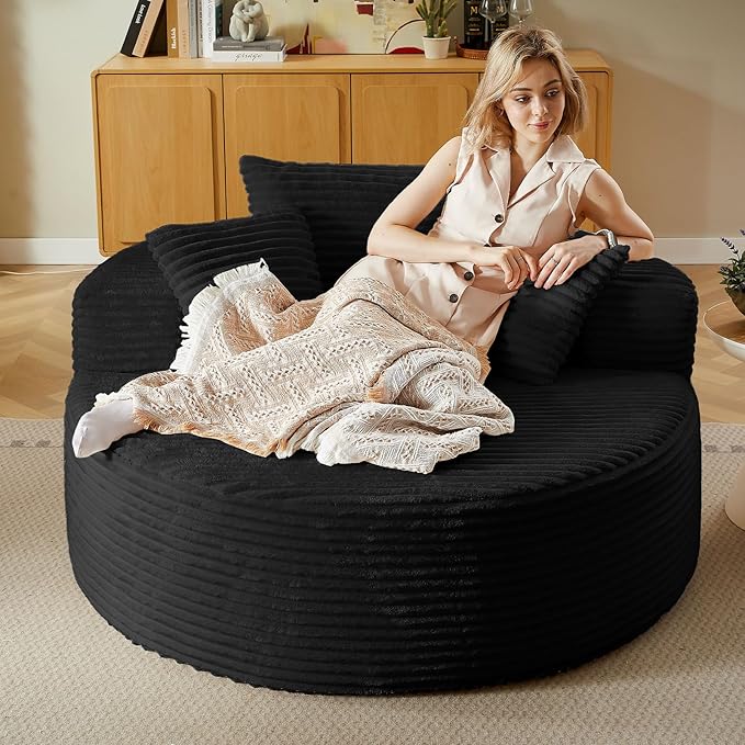 55''Oversized Round Chair Lounge Chaise IndoorCloud Boneless Large Circle Chair with Plush CorduroyNo Assembly RequiredFluffy Modern Sleeper Sofa Bed for ReadingLiving Room(blackFabric Upgrade)