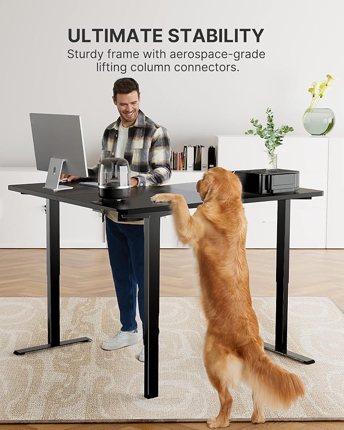 Marsail Corner Stand Up Desk Adjustable Height with 4-in 1 Electical Outlet L Shaped Electric Standing Desk with Headphone Hook Stand up Desk for Home Office Sturdy Writing Workstation Black