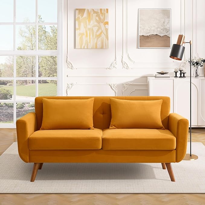 Tbfit 65 W Loveseat Sofa Velvet Mid Century Modern Love Seat Couches for Living Room Button Tufted Upholstered Small Couch for Bedroom Solid and Easy to Install Love Seats Furniture Yellow