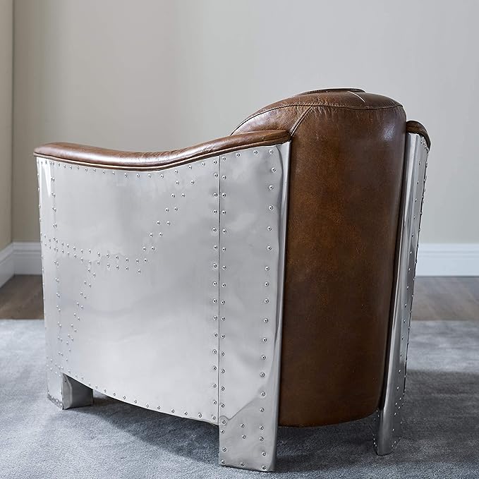 Volans Mid Century Modern Genuine Leather Accent Arm Chair with Vintage Aluminum Patchwork Cognac
