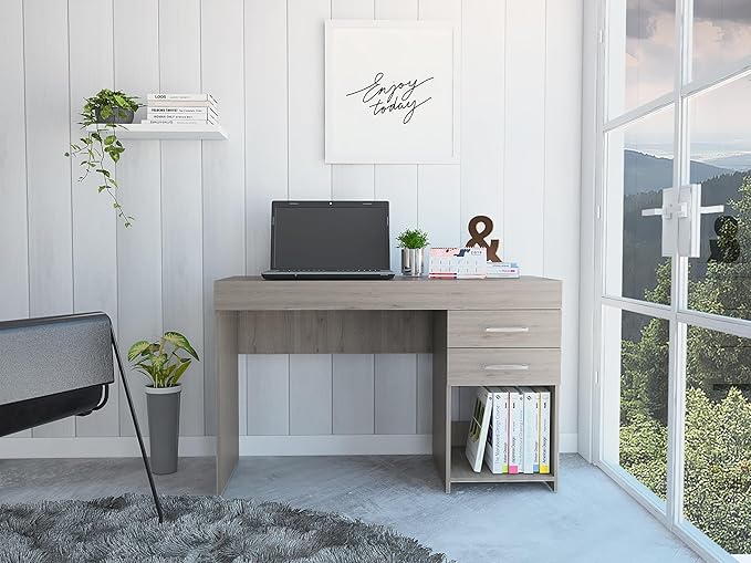 Penau Light Grey Multipurpose Computer Desk with 2 Drawers and Open Shelf Ideal for Home or Office 47.2 Inchs Wide 17.9 Inchs Deep